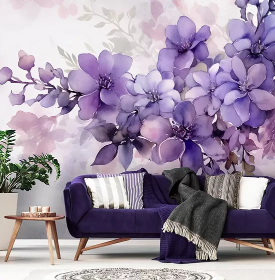 Фотообои: Акварельные Фиолетовые Цветочные Кластеры